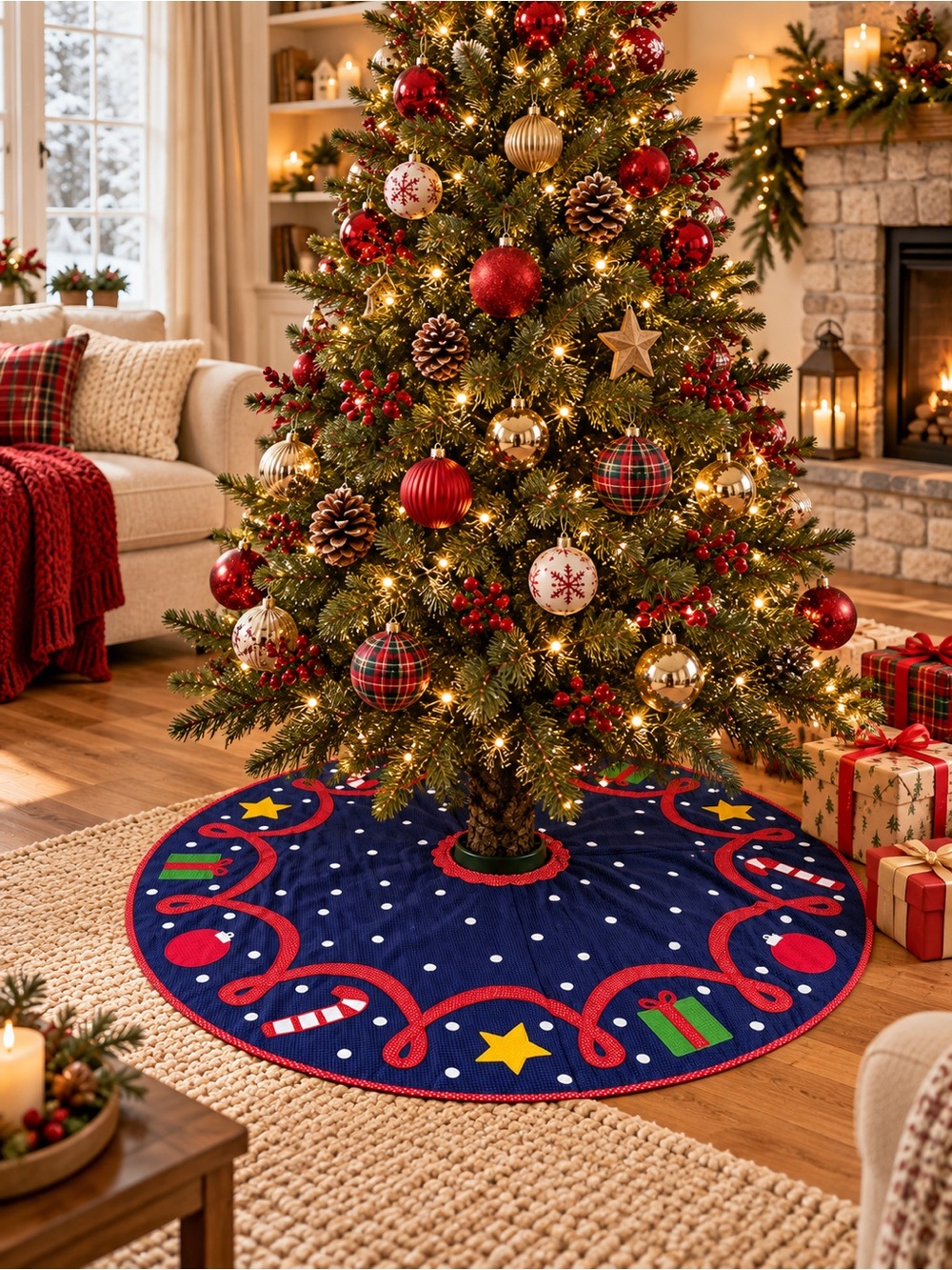 Festive country cottagBlue Christmas Tree Skirt with Red Trim and Holiday Motifs